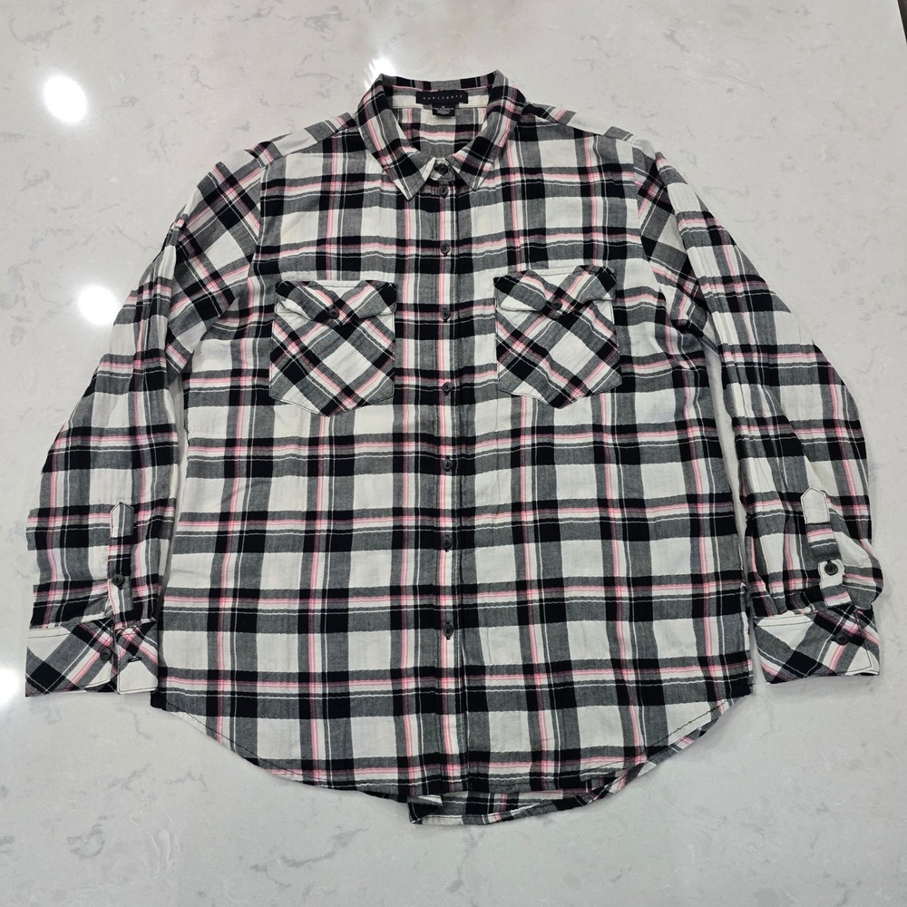 Sanctuary Womens Boyfriend Shirt Plaid Button Down Pink Black White Size M